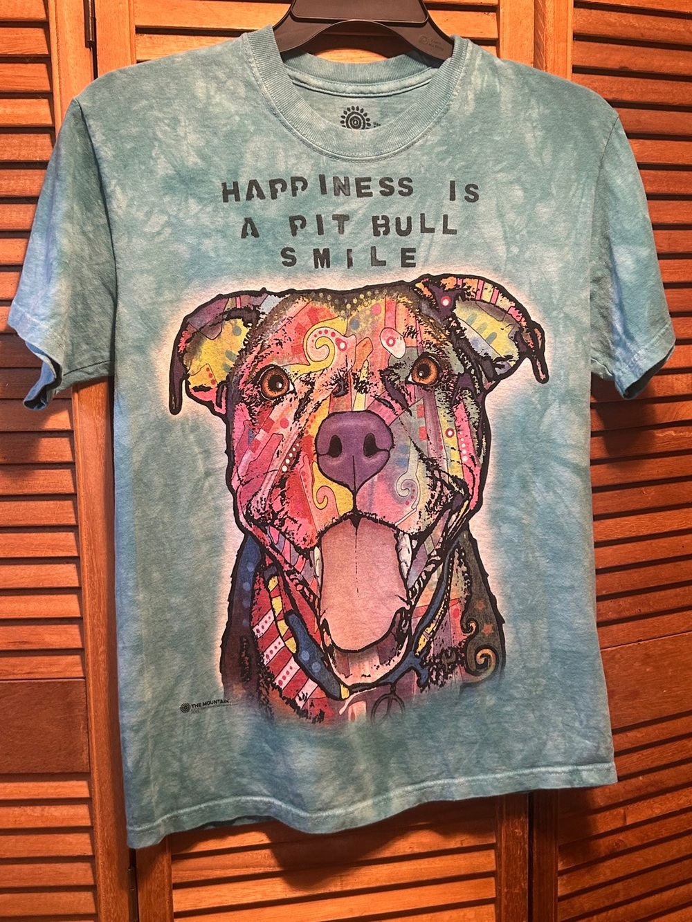 The Mountain Teal Pit Bull Smile Graphic Dog T-Shirt